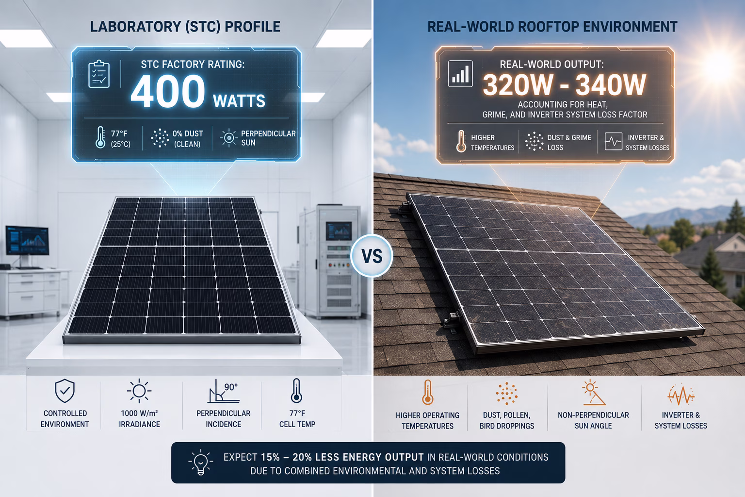 Solar panel 400W factory sticker vs real world output loss infographic